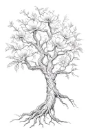 tangled roots evolving into beautiful tree flowers tattoo design idea