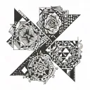 An abstract and geometric tattoo symbolizing the bond between Isobel and Maisie, incorporating their birthstones and initials tattoo design idea