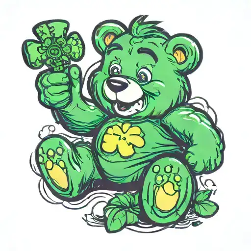 green care bear with four leaf clover symbol plays video games tattoo design idea