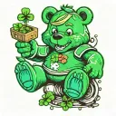 green care bear with four leaf clover symbol plays video games tattoo design idea