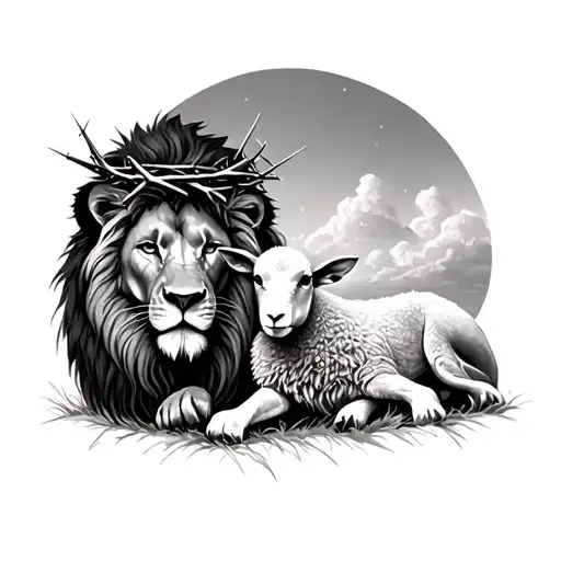 lion with crown of thorns protecting a lamb surrounded tattoo design idea