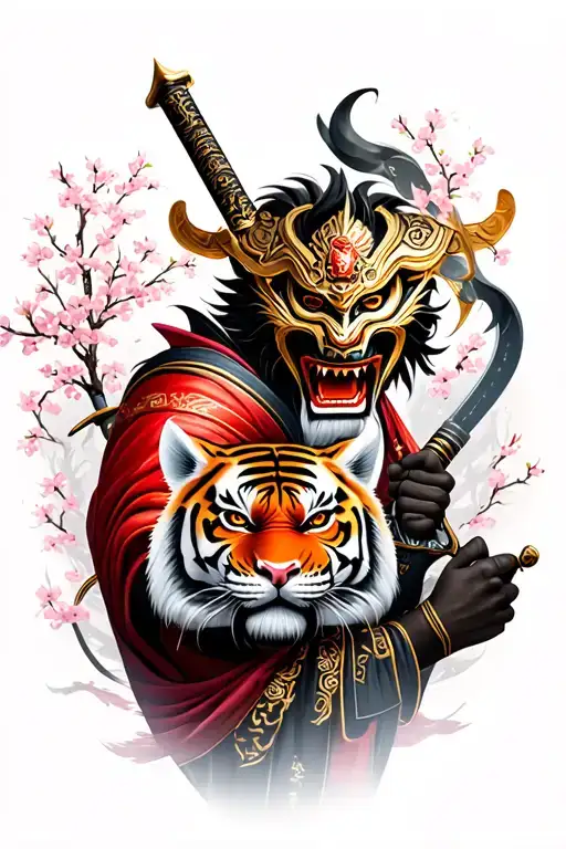 Oni mask person holding sword with his pet tiger on side. With cherry blossom flowing around. With japnese chacter going tattoo design idea