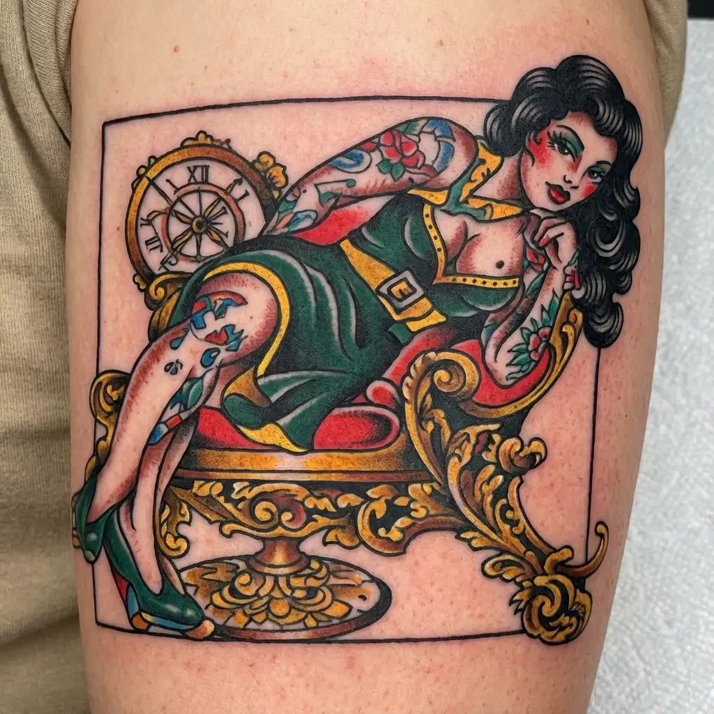 femdom, dominant sexy pin up girl, bdsm tattoo design idea