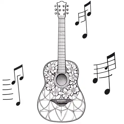 flower of life, guitar mixed with piano, musical notes, piano which represents the guitar's side tattoo design idea