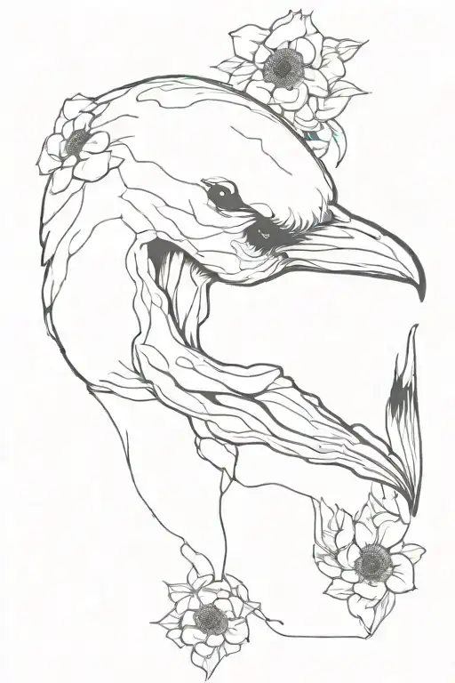 a raven's skull, beak down, common anemones grow from the eye sockets of the skull tattoo design idea