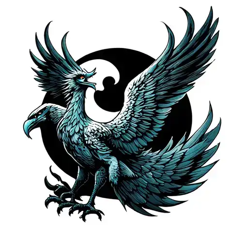 full sleeve going from backside of hand to shoulder of a Phoenix rising from a black moon  tattoo design idea