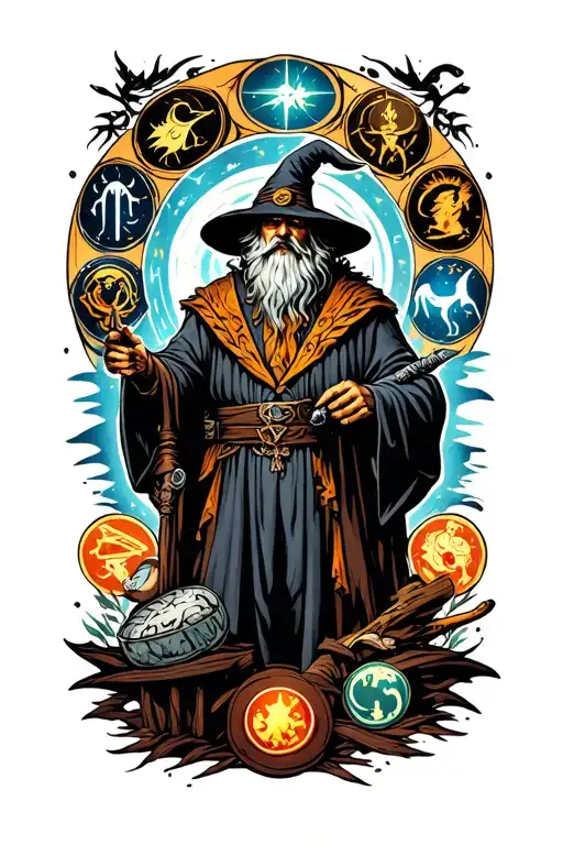 A tattoo of a wizard in a ghetto surrounded by elements representing different zodiac signs tattoo design idea
