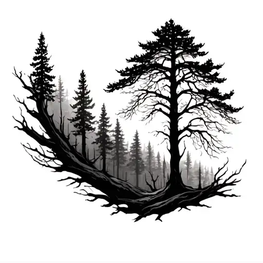 A tattoo design for a forearm sleeve featuring a forest of tall, intricate trees with bare branches on one side, transit tattoo design idea