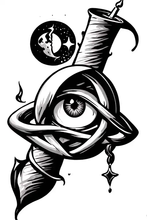 witches knot, candle, eye and triple moon on forearm tattoo design idea