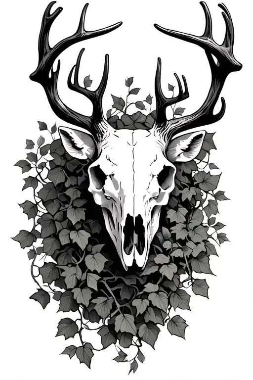 deer skull surrounded by ivy vines tattoo design idea