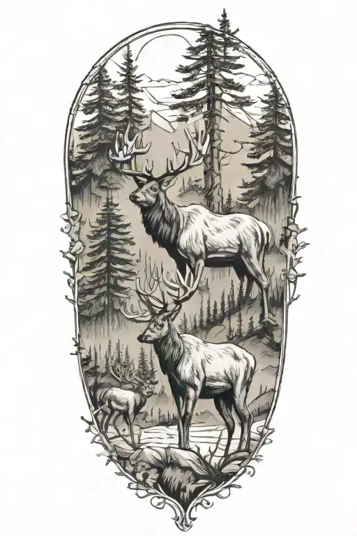pacific northwest mountains and forest elk standing in opening tattoo design idea
