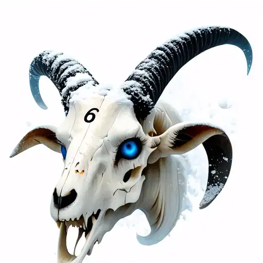 goat skull with blue eyes with number 6 on its forehead and snow on the horns tattoo design idea