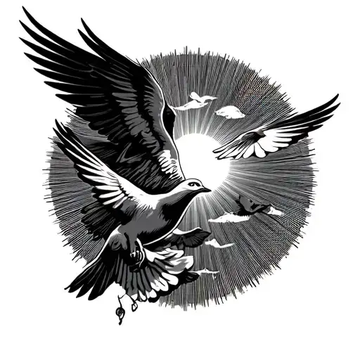 clouds with sun rays with dove birds flying tattoo design idea
