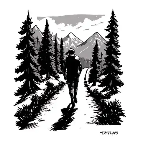 A black and white sketch depicts a person walking on a road, surrounded by trees with mountains in the background. The l tattoo design idea
