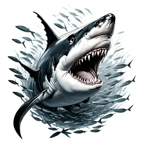 hammer head shark swimming through a school of fish tattoo design idea