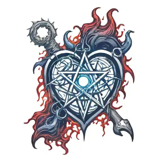 realistic human heart bleeding veins all over satanic pentagram around it. satanic symbols temple of Satan bloody thorn tattoo design idea