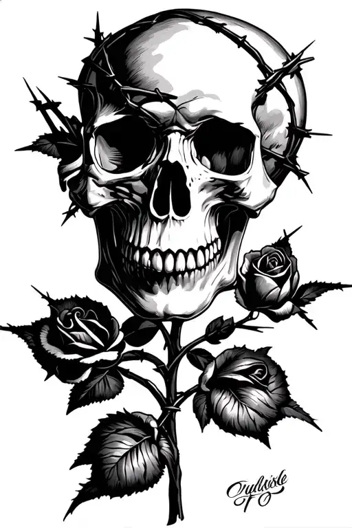 Skull, rose, barbed wire tattoo design idea