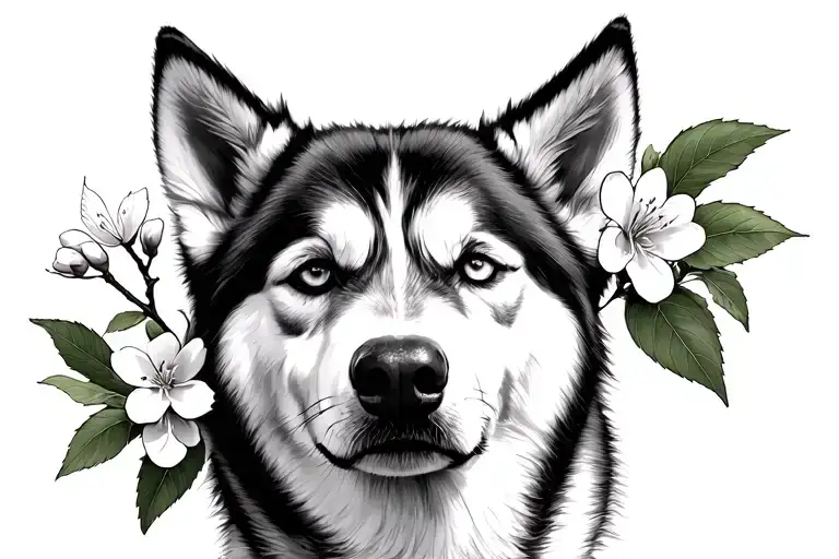 husky ears above apple tree flowers branch tattoo design idea