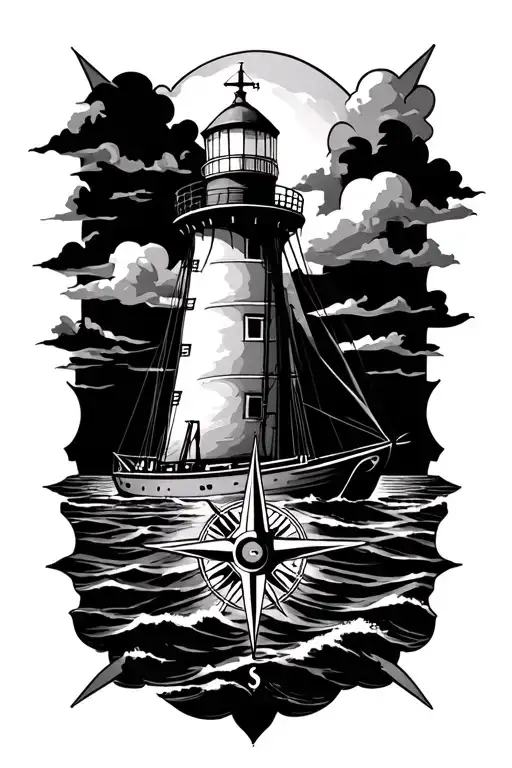 Lighthouse sailboat Compass rose tattoo design idea