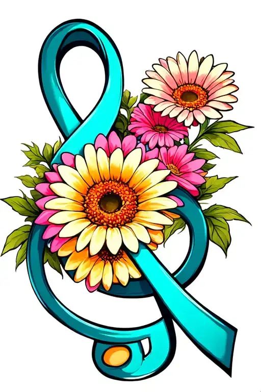 multi-colored g clef with gerbera daisy wrapped around it and a  teal cancer ribbon tattoo design idea