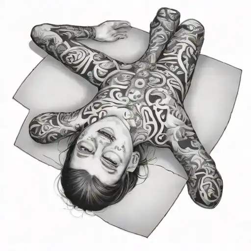 17 year old girl laying on autopsy table naked, sheet up to waist lots of piercings, cute face tattoo design idea