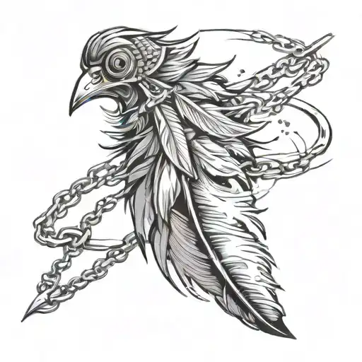 rugged feather with chain ripping thru it tattoo design idea