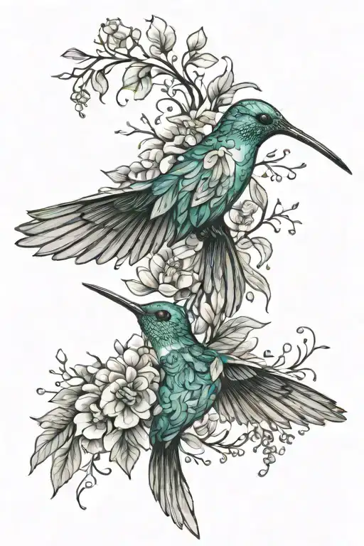 Hummingbirds around flowers, radiance, twigs intertwine, patterns tattoo design idea
