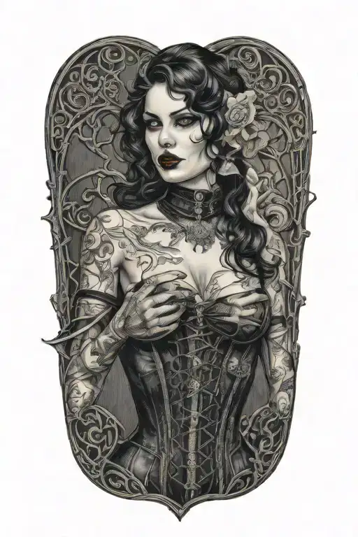 gothic pinup woman in corset and fishnets with vampire bitting her neck with woods background tattoo design idea