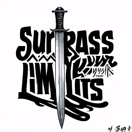 katana with quote "surpass your limits" tattoo design idea