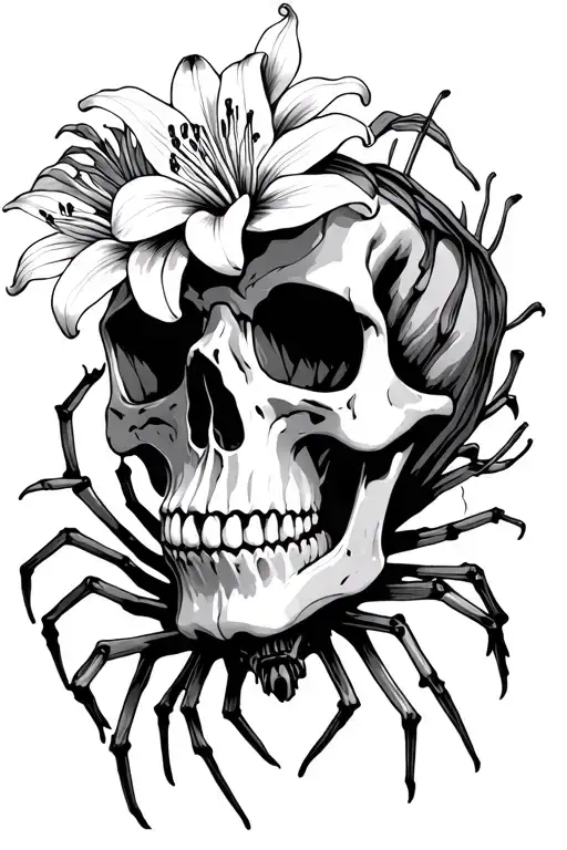 Overgrown Skull with Spider Lily Flower growing out of it tattoo design idea