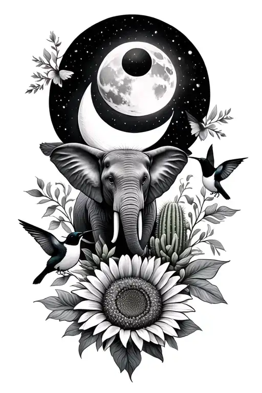 alaska big dipper, moon, elephant, otter, hummingbird, blackbird, cactus, ocean sunflower tattoo design idea