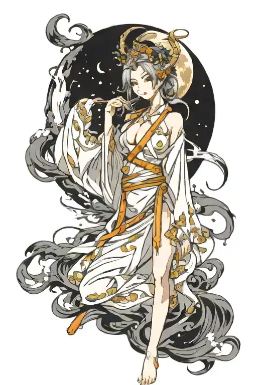 wisdom goddess powerfull full body standing flowing robe sexy moon tattoo design idea