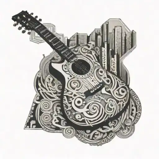 A detailed black and grey tattoo of a guitar with intricate patterns and designs, surrounded by cityscape elements in the background tattoo design idea