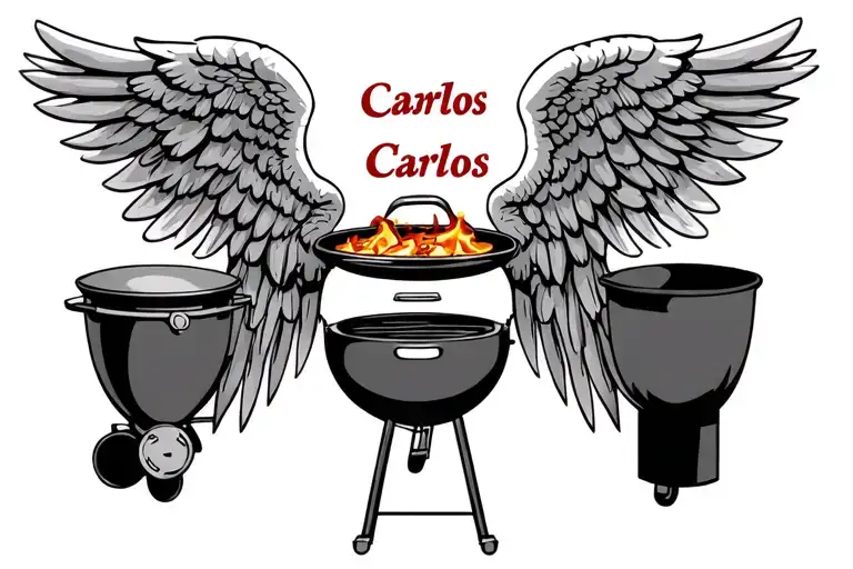 name Carlos infront of bbq grill with angel wings on each side tattoo design idea