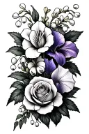 I want a tattoo  can it have the lily of the valley, a rose, a honeysuckle, violet and iris in a fine line bouquet tattoo design idea