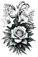 I want a tattoo  can it have the lily of the valley, a rose, a honeysuckle, violet and iris in a fine line bouquet tattoo design idea