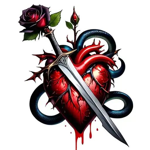 Dagger piercing through a realistic bleeding heart ensnared by black rose with thorns. Snake embracing it all tattoo design idea