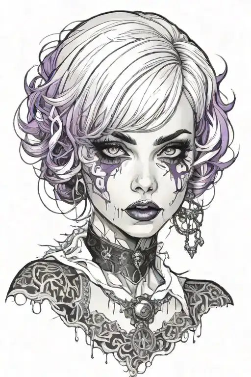 Sexy Petite Girl white short bob hairstyle, revealing clothes, big boobs, purple eyes, wide hips Slutty. gothic pin-up  tattoo design idea
