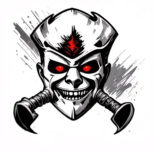 Executioner mask and face. open smile, red eyes tattoo design idea