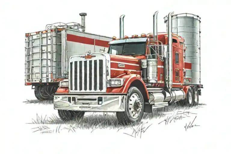 red kenworth semi with 42ft Wilson grain trailer 60 degree angle. parked in front of soybean field tattoo design idea