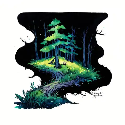 A dreamy sleeve of an abstract, watercolor-painted forest combining elements of the Forbidden Forest and Fangorn. Fine-l tattoo design idea