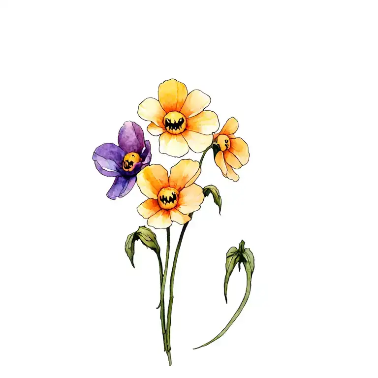 A tattoo of a family of buttercups with vampire fangs inspired by The Vampire Diaries tattoo design idea