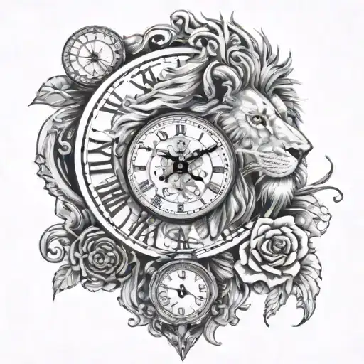 lion and clock tattoo design idea