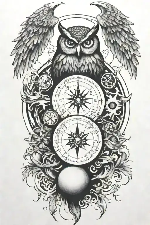 earth, moon, compass, time, owl, phoenix tattoo design idea