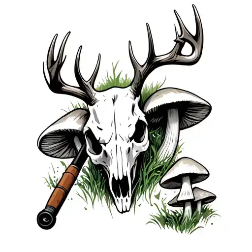 buck skull fishing rod and marel mushroom  tattoo design idea