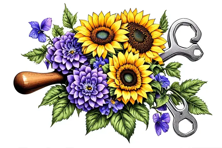 sunflower, violets, dahlias, vines, with hidden WWII dogs tags, wrench, rolling pin tattoo design idea