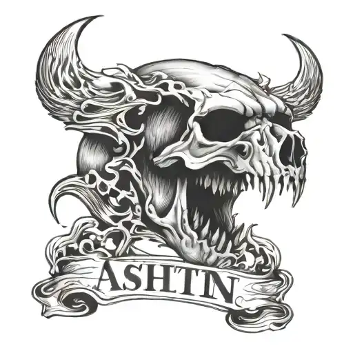 bear skull with the name Ashtin written underneath tattoo design idea