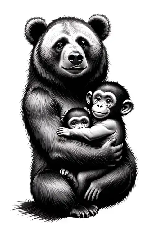 mama bear holding a baby monkey in her arms cuddled and protective tattoo design idea