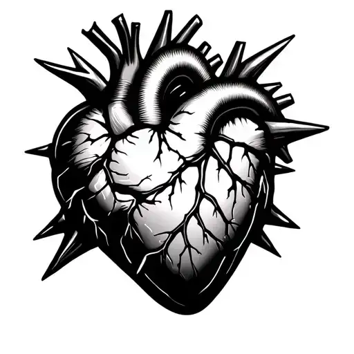 A bold, spiky cyber heart in Y2K style, simple clean linework, black outlines, minor chrome highlights, minimal shading, tattoo design idea