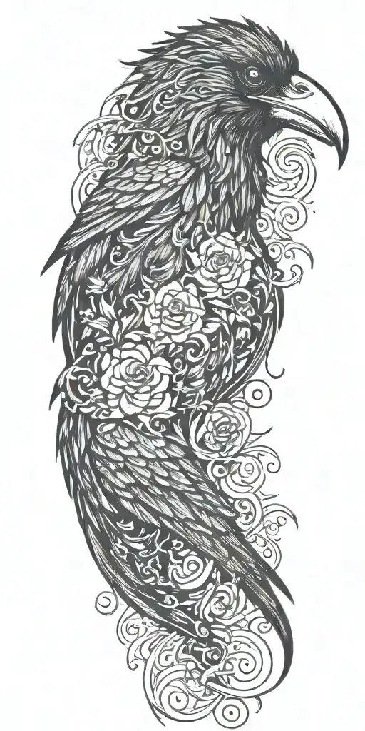 raven, medusa, fire, waves, and feathers falling tattoo design idea